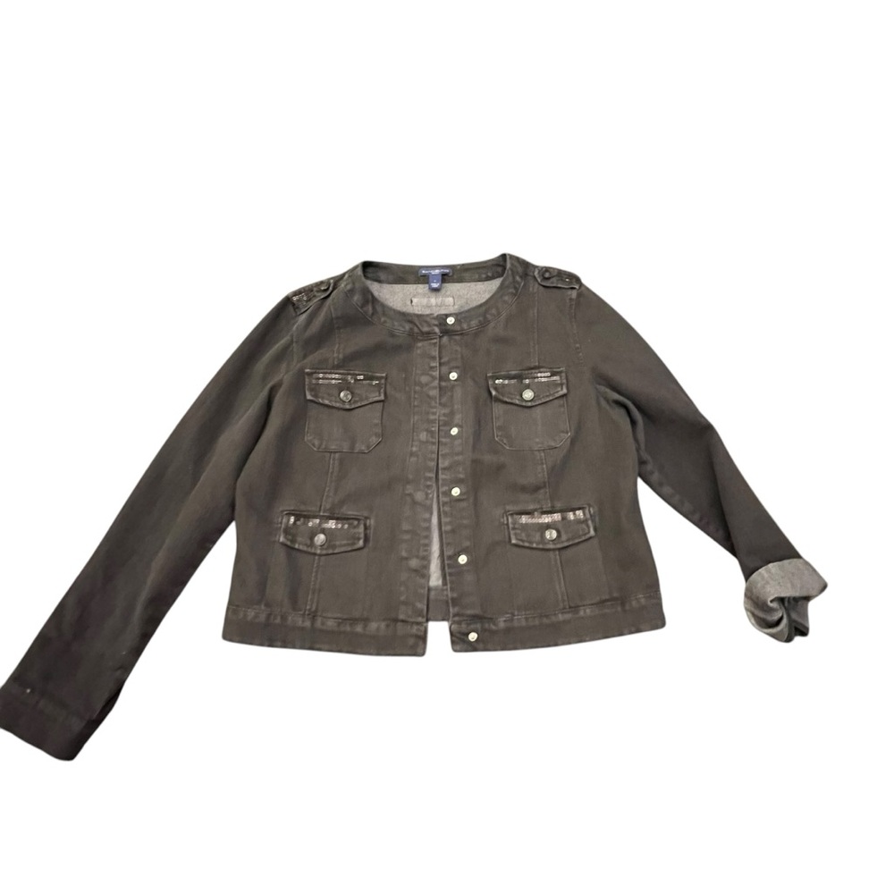 Bandolino Sequin Embellished Denim Jean Jacket Snap Pockets‎ Size Large Black